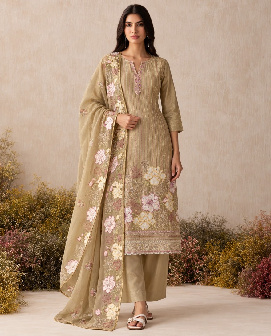 7117 - Beige Embroidered Work Shimmer Salwar Suit